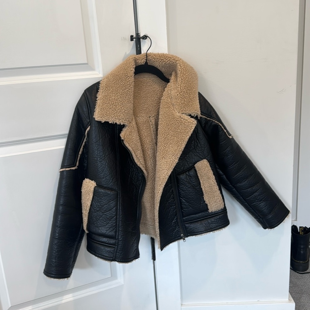 Olivaceous faux leather fur lined zip up jacket size M